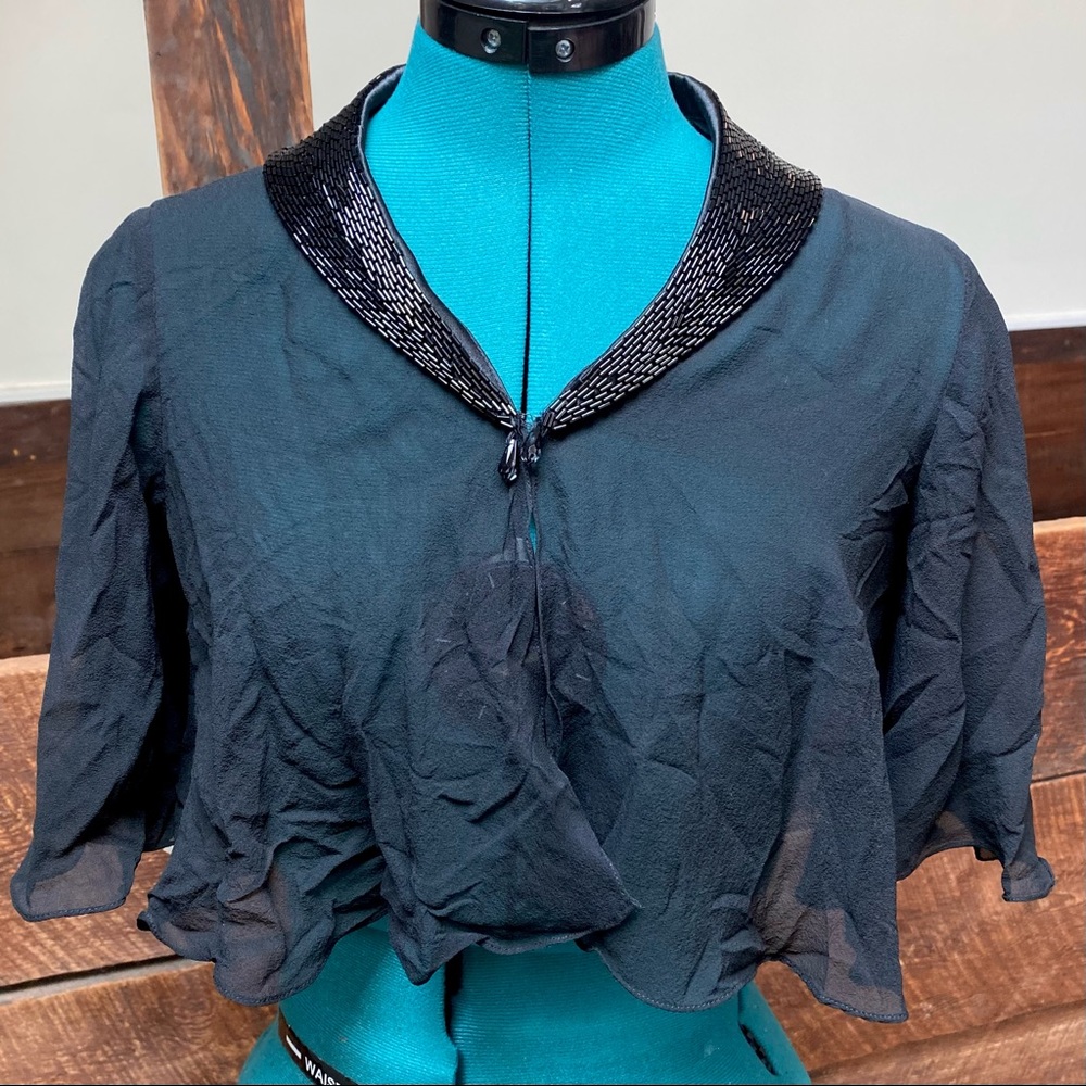 Aidan Mattox Flowy Sheer Caplet w/ Beaded Silk Collar & Elegant Witchy Vibes